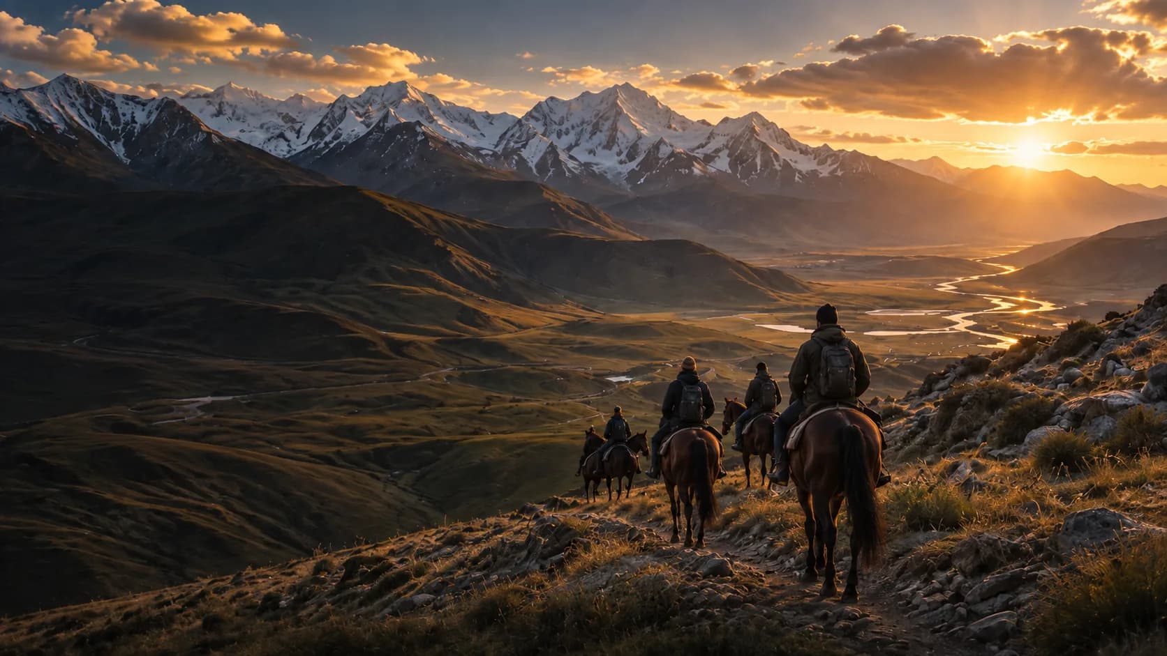 Riders descending toward a river valley at sunset