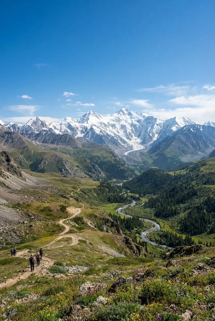 A mountain route traced across the Tien Shan