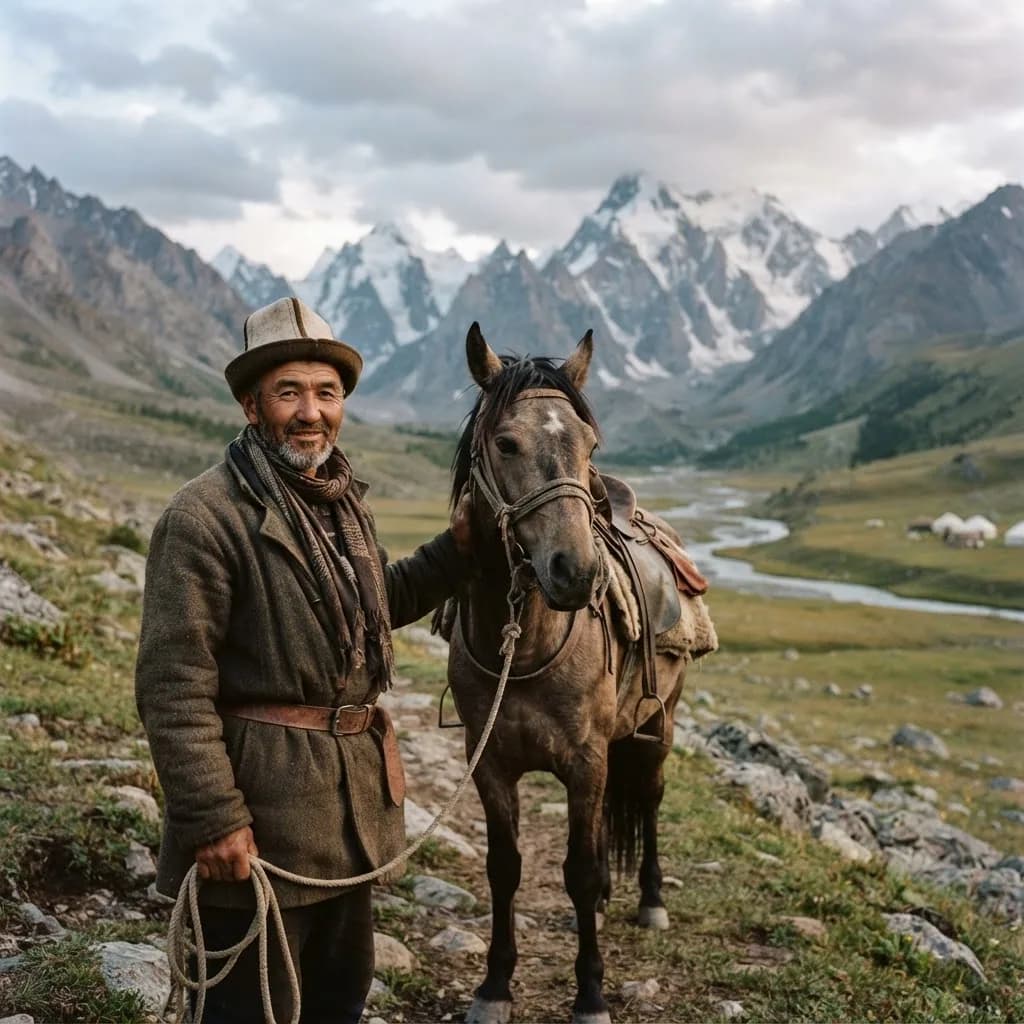 Guide standing with his horse in front of snow peaks