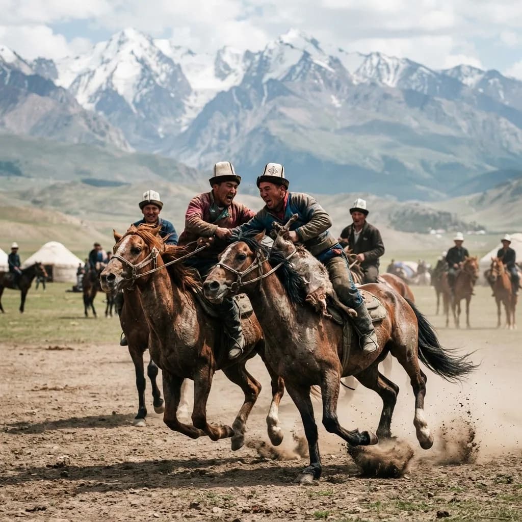 Kok-boru riders contesting the goat carcass