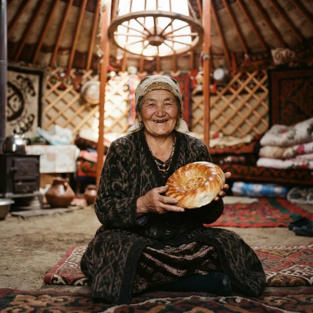 Elder woman holding fresh bread