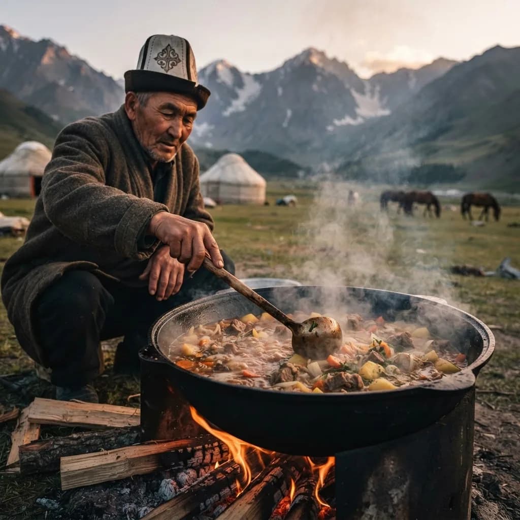 Cook tending a cauldron over an open fire