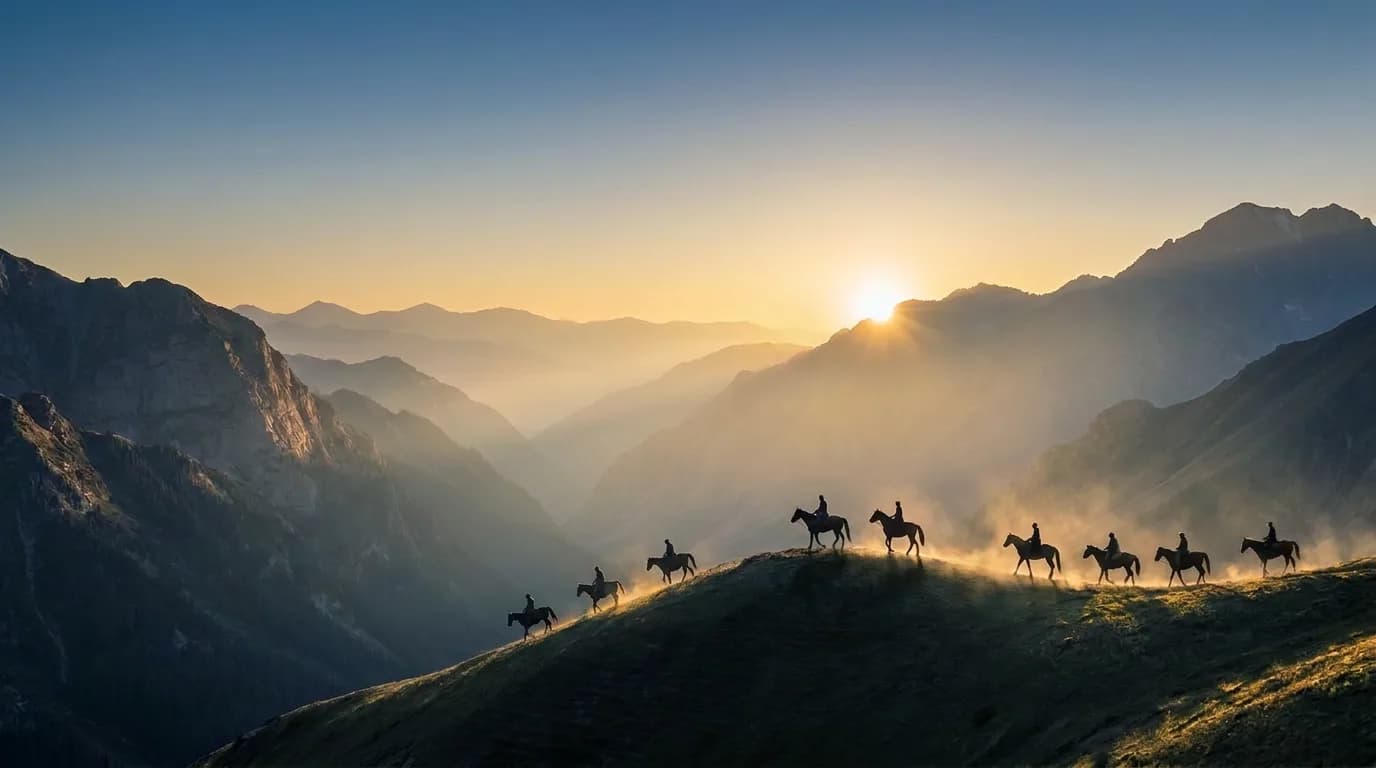 Riders strung out along a ridgeline at sunrise in the Kyrgyz mountains