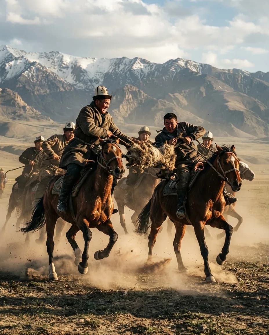 Kok-boru riders in contest beneath snow-capped peaks