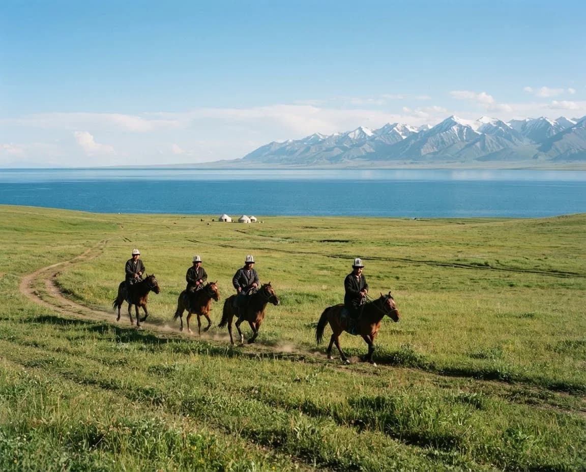 Riders crossing open pasture beside a high mountain lake