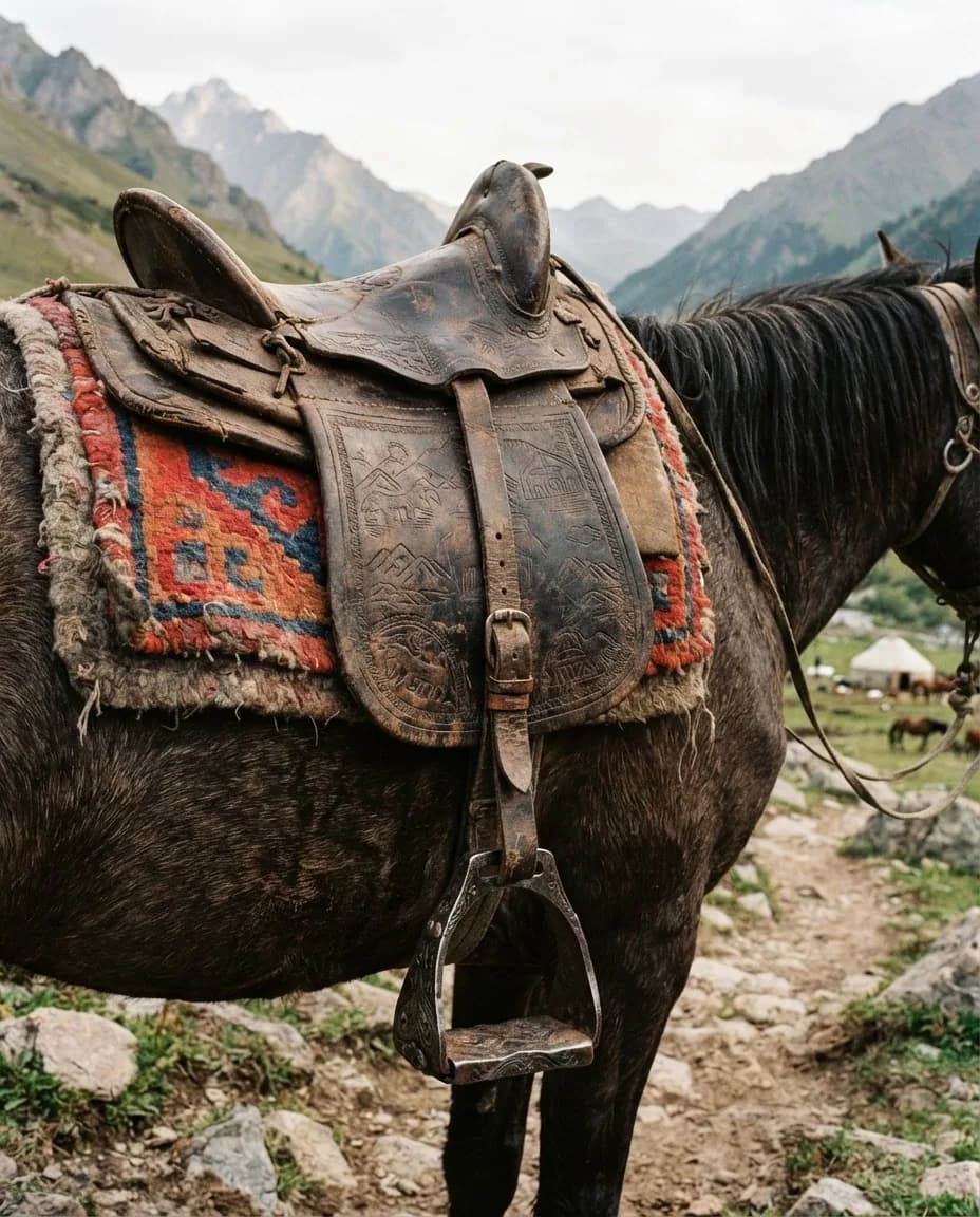 A tooled leather saddle and woven blanket on a horse's back