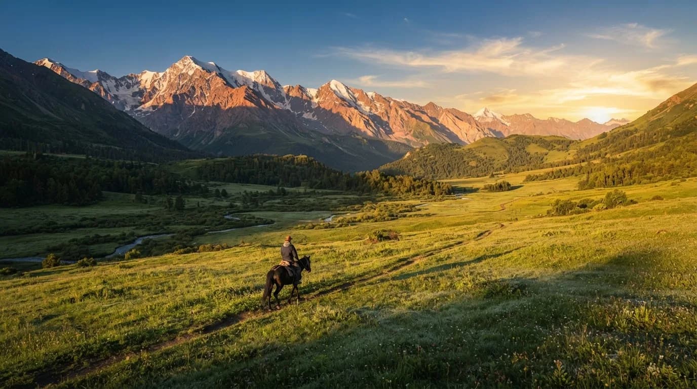 A lone rider on a trail above a valley, first light on the snow peaks