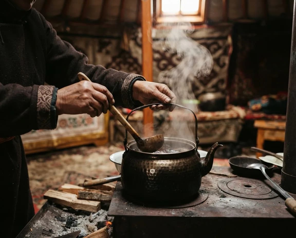 Hands pouring tea from a kettle inside a yurt