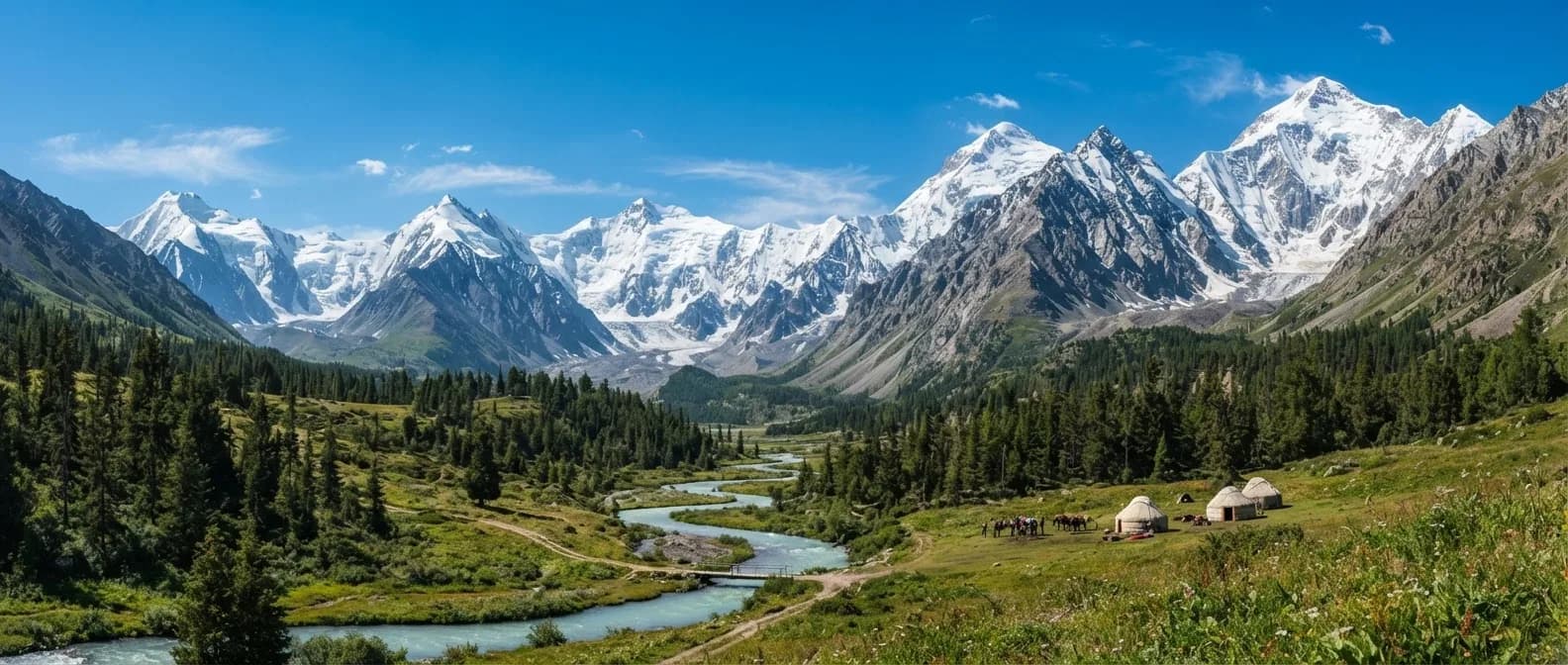 A river winding through a valley below snow peaks, a yurt camp on the far bank