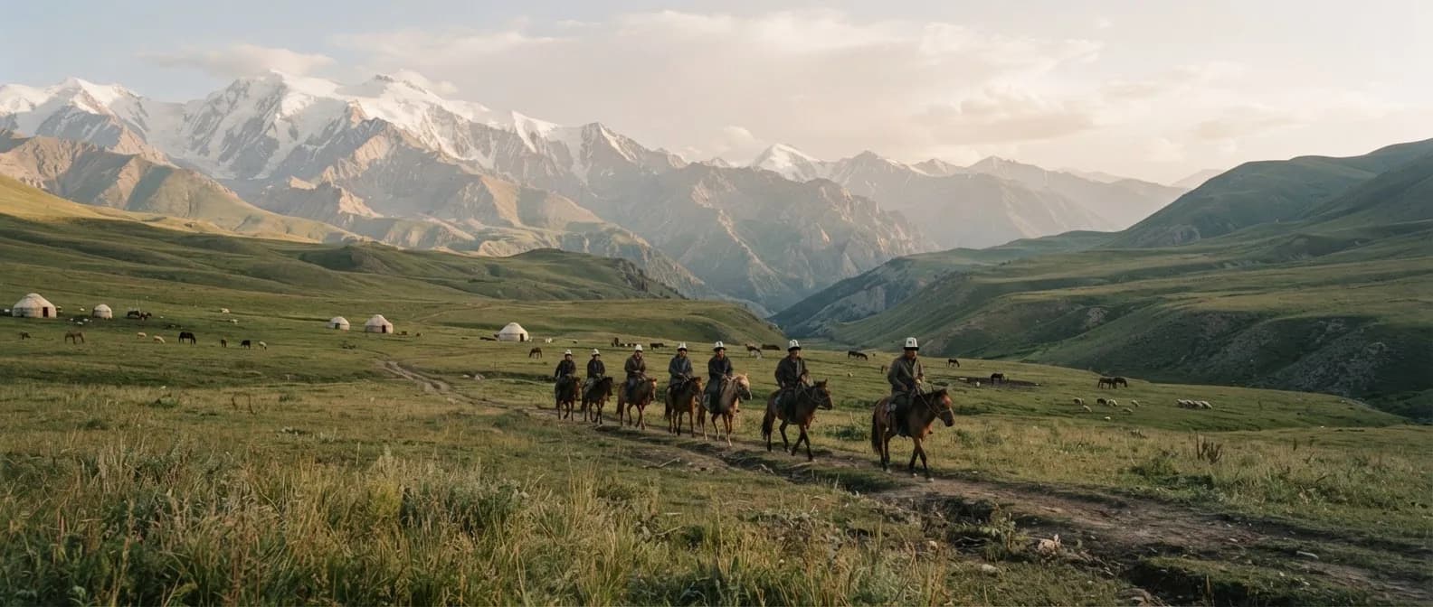 A long line of riders crossing green summer pasture