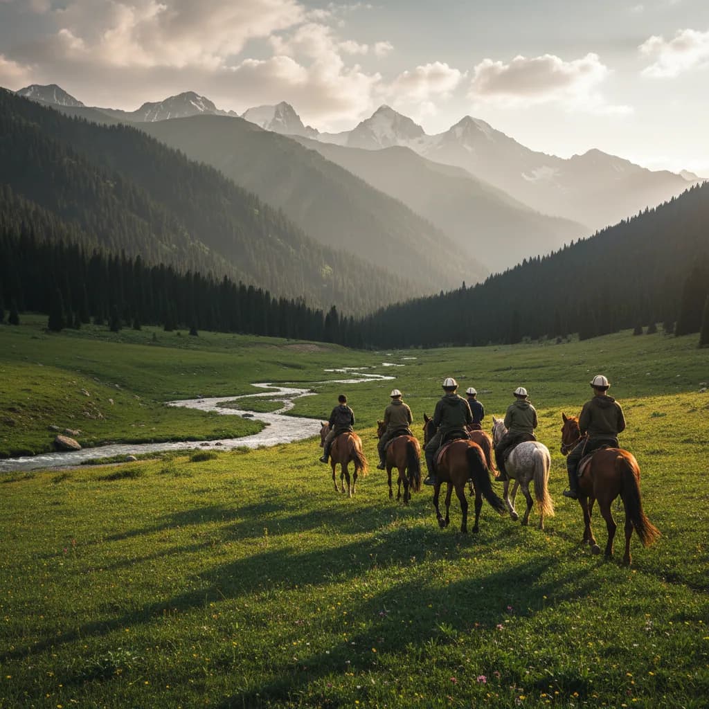 A small group riding through an open valley